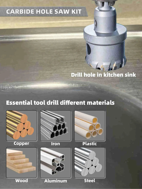 Carbide Hole Saw Kit With Case Pro Grade 13 Pcs TCT Hole Saw Set For Stainless Steel Iron Aluminum Plastic Includes Pilot Drill Bits Hex Keys And Springs Sizes From Half Inch To Two And One Eighth Inch used in kitchen sink