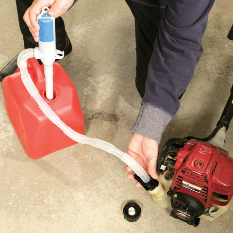 Ontel Turbo Pump Automatic Liquid Transfer Pump with blue top, connected to a red gasoline can and a small gas engine.