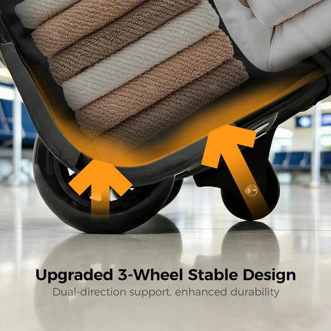 Close-up of upgraded 3-wheel design on Three Wheel Rolling Duffle Bag With Expandable 110 Liter To 120 Liter Capacity Waterproof Soft Carry On Luggage, showing stability feature.