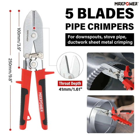 Two Piece Sheet Metal Hand Seamers With Five Blade Pipe Crimper And Three Inch Offset Jaw Bender Ergonomic Handle Heavy Duty All Steel Construction Nickel Plated For Durability