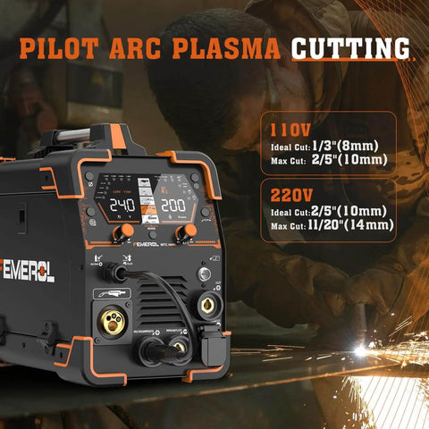 Front view of the All In One 6 In 1 Welding Machine For Home DIY Pros Gas MIG Flux MIG Plasma Cut HF TIG Stick And Spot Weld 110 220V Dual Voltage Aluminum Welder Built For Portable Heavy Duty Everyday Metalworking with digital display.