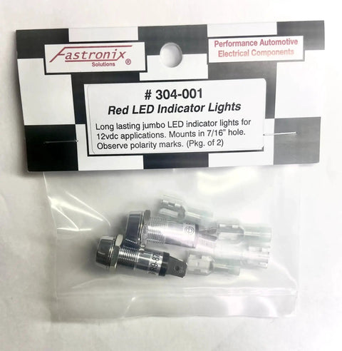 Pack of 2 red LED indicator lights with terminals, for 12V applications, mounted in one-quarter inch thick panels.