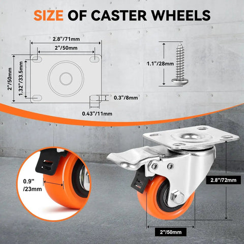 Heavy Duty 2 Inch Plate Caster Wheels Set of 4 With Dual Locking Brakes and Quiet Operation 600 Lb Total Capacity Swivel Casters