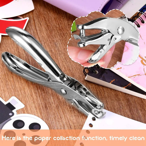 24 Pack 1/4 Inch Single Hole Punch Set Metal Paper Puncher With 5 Sheet Capacity Built Tough Silver Finish on desk with notebooks