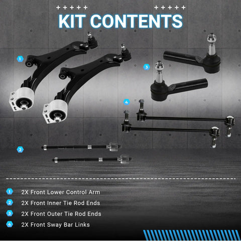 Rockplanet front suspension kit for Chevy Equinox/GMC Terrain; two lower arms, two tie rod ends, and two sway bar links