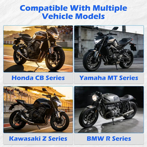 Four motorcycles collage showing Honda CB Series, Yamaha MT Series, Kawasaki Z Series, and BMW R Series.