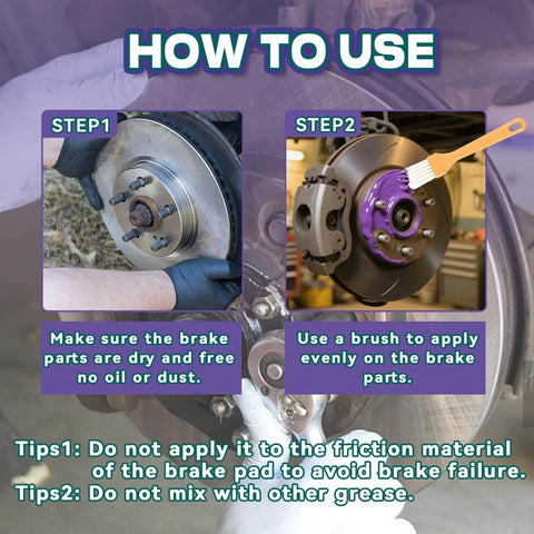Instructions on using Premium Ceramic Brake Grease with brush on brake calipers and pads, emphasizing cleanliness and application.