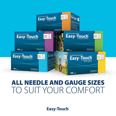 Array of EasyTouch insulin syringes boxes featuring various needle sizes for comfort, displayed against a blue background