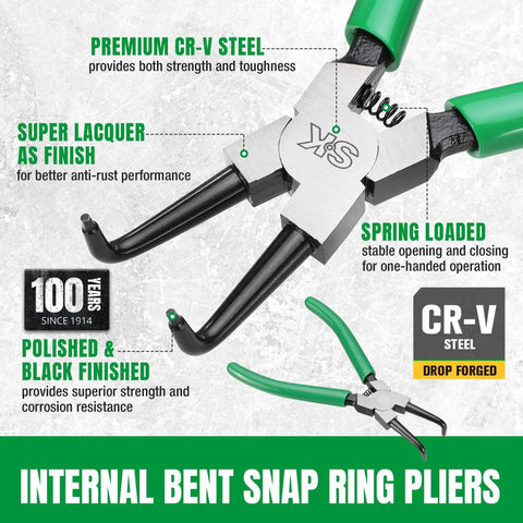 Internal bent snap ring pliers made of premium CR-V steel with rust-resistant finish and spring-loaded for easy use.