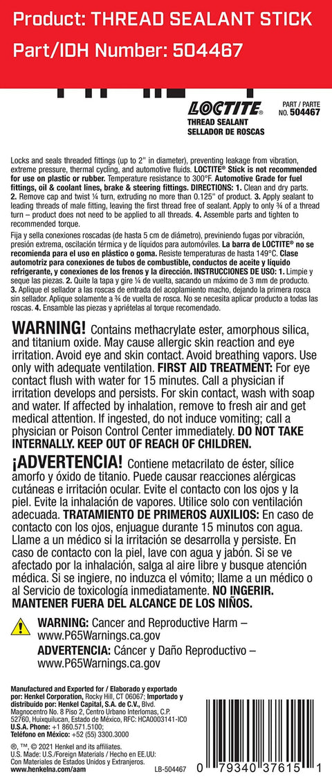 Back label of Loctite Thread Sealant Stick, showing product details, warnings, and barcode. Part/IDH Number: 504467.