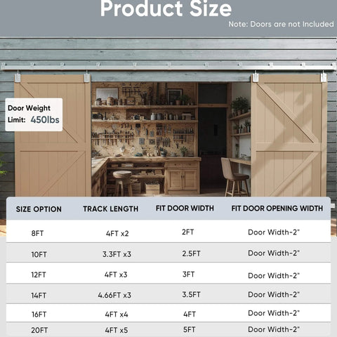 Exterior Sliding Barn Door Hardware Kit With Beefy Box Rail Heavy Duty 20 Foot Silver Finish Galvanized Steel Holds Doors Up To 450 Lbs Fits Panels From 1 3 8 Inch To 1 3 4 Inch Thick For Double Doors installed view