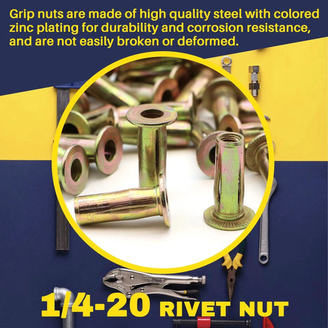 50 Pack 1/4-20 Multi-Grip Rivet Nuts Zinc Plated Steel Construction With Pre-Bulbed Shank Flat Head Threaded Insert Nut For Automobiles And Household Projects Terixe displayed with tools