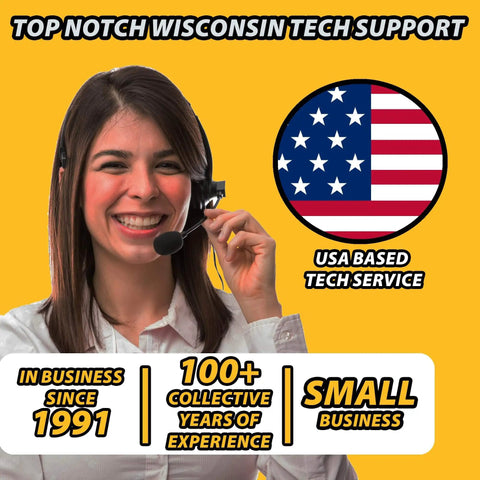 Woman with headset providing USA based tech support service for small Wisconsin business, in operation since 1991.