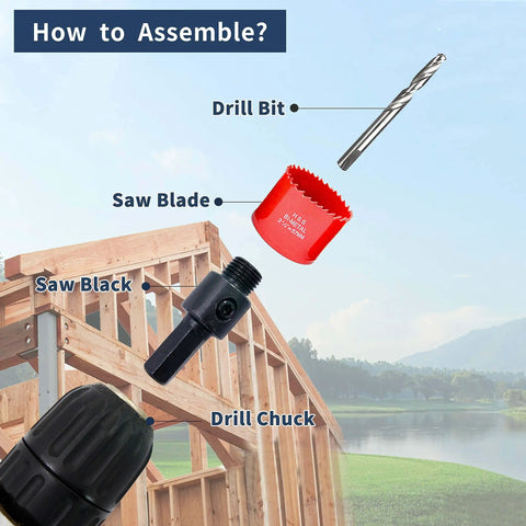 Assembly instructions for heavy duty 80mm hole saw drill bit with arbor for wood, PVC board, and plasterboard shown with drill components.