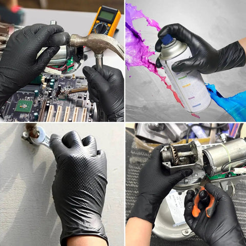 Heavy Duty Black Nitrile Gloves 8 Mil XL With Diamond Texture And Powder Free in use for various industrial tasks