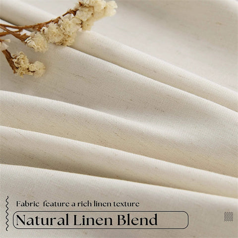 Cozy Pleated Cream Beige Linen Blackout Curtains For Bedroom 90 Inch Length 2 Panels fabric close-up with natural texture