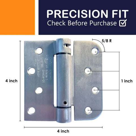 Self Closing Spring Loaded Door Hinges 4 Inch Adjustable Tension For Garage Front And Back Doors Brushed Nickel 3 Pack Reversible Left Right Hand UL Listed By A1 ProGuard, showing dimensions and brushed nickel finish.