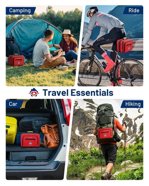 500 Piece First Aid Kit For Car Home Travel Camping Dorms Waterproof kit shown at camping, biking, car, hiking locations