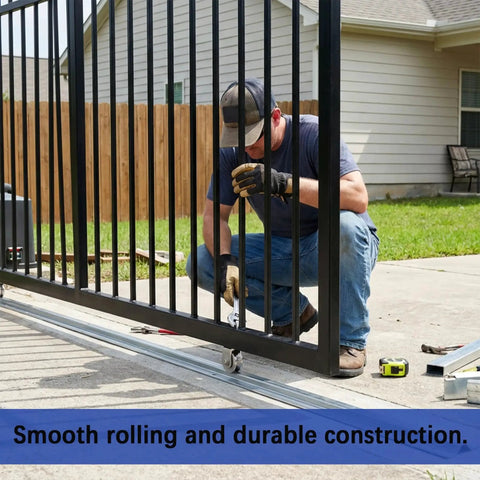 Worker installing Sixteen Foot Heavy Duty Inverted V Track For One Inch V Groove Rollers in sliding gate system outdoors