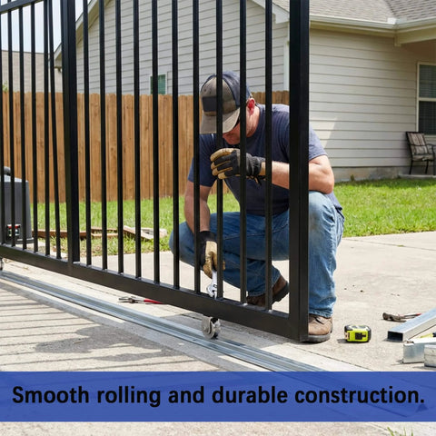 Worker installing Eight Foot Heavy Duty Inverted V Track For 1 Inch OD V Groove Rollers Sliding Gate System Kit outdoors.