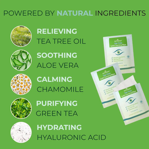 Tea Tree Oil Eyelid And Lash Wipes With Hyaluronic Acid And Green Tea Chamomile ingredients and packaging