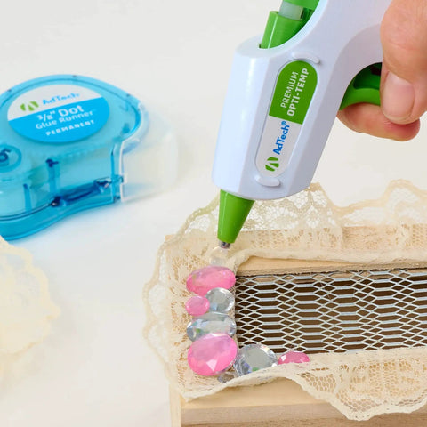 Using hot glue gun with Hot Glue Sticks Mini 4 Inch Clear 30 Pack Multi Temp Wood Metal Glass Fabric on lace and gems