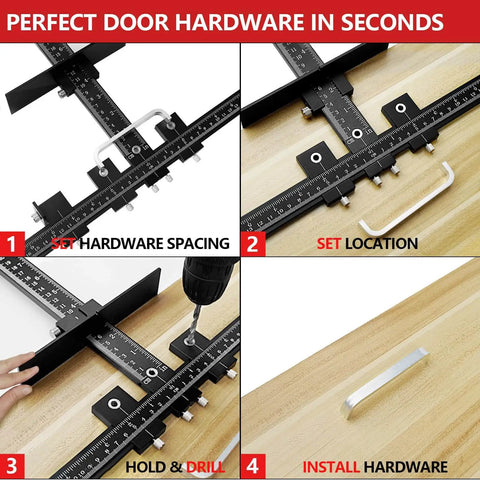 Aluminum Cabinet Hardware Jig With Adjustable Template For Precise Hole Spacing And Doweling Guide For Easy No Fuss Drawer And Door Handle Install Woodworking Drilling Template For Knobs And Pulls shown in use with step-by-step installation on wood surface.