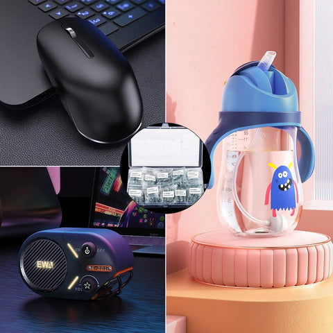 Close-up of 300 pcs stainless steel compression springs in a clear storage case with labeled bags
Front view of a black wireless computer mouse beside a laptop keyboard
Side view of a blue water bottle with straw on a pink background
Angled view of a blue EWA portable speaker with control panel