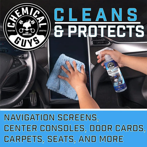Close-up of a person cleaning a car interior using All In One Interior Cleaner And Protectant For Your Ride And All Vehicles Cars Trucks SUVs Motorcycles RVs And More Safe On Leather Vinyl Plastic Carpet Cloth Glass Wood Fresh Scent By Chemical Guys.