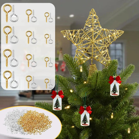 800Pcs Screw Eye Pins Kit For Jewelry Making And DIY Crafts shown with gold and silver pins on a Christmas tree with star topper.