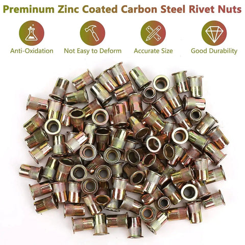 Pile of zinc plated carbon steel rivet nuts, labeled as anti-oxidation and durable, for automotive and DIY projects.