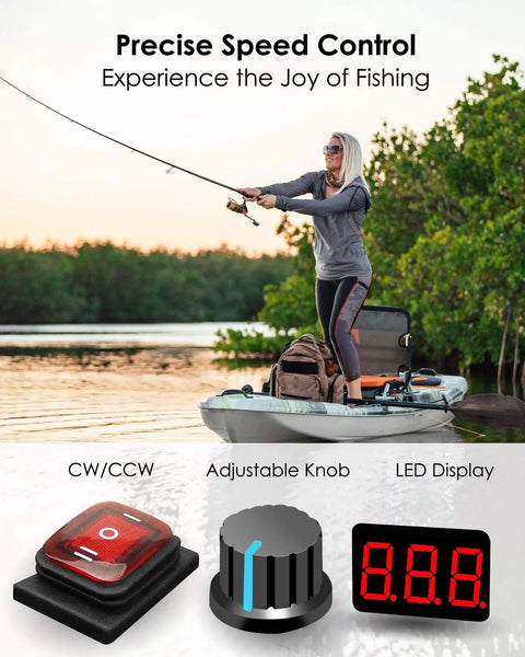 Woman fishing on boat using Waterproof PWM Controller For DC 12-48V 35A Motor Speed Controller with LED readout and knob.