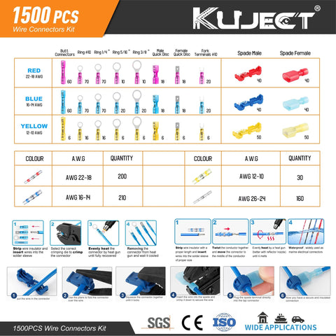 Kuject heat shrink wire connectors kit, 1500 pcs, insulated spade/ring/fork/T-Tap/butt splice terminals for marine use