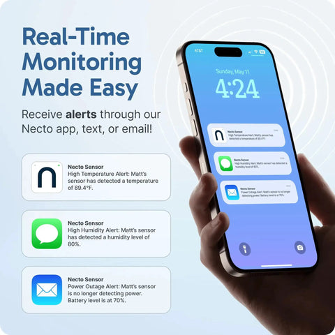 Hand holding smartphone displaying Cellular Temperature Monitor With 4G LTE And Humidity Sensor Remote Power Failure Alarm alerts.