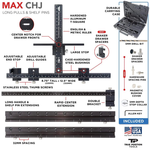 Cabinet Hardware Jig For Long Pulls And Shelf Pin Holes Install 32mm Holes On Shaker Doors And Recessed Fronts Made In USA Hand Calibrated By True Position Tools with components labeled and carrying case displayed.