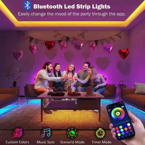 RGB LED Strip Lights 100 Ft Bluetooth Remote App Music Sync For Bedroom Decor in living room party setup
