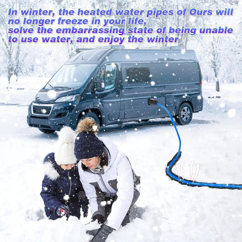 25ft heated water hose for RV, blue anti-freeze hose connected to a snow-covered van in winter