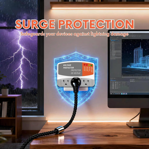 Three Outlet Refrigerator Surge Protector Wall Plug With Automatic Voltage Protection For Fridge AC And Washer 1800W 120V 15A installed on wall with blue glow and lightning visible outside window.