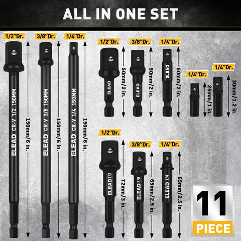 11-Piece Impact Socket Adapter Set With One Quarter, Three Eighth, And One Half Inch Drives displayed on textured background.