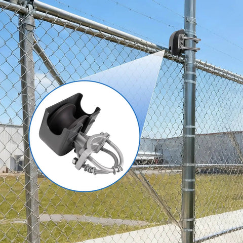 Nylon Cantilever Sliding Gate Rollers With Covers Heavy Duty Gate Roller Hardware Pack Of 4 for Four Inch Round Posts, installed on fence.