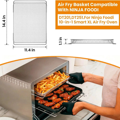 Heavy Duty Stainless Steel Air Fryer Basket Replacement Trays Compatible With Foodi XL Oven DT201 DT251 in use with fries and wings