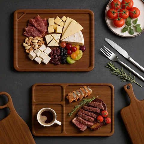 Top view of wooden cutting boards with charcuterie assortment and coffee, featuring 8 Piece Acrylic Router Template Set For Woodworking With 6 Charcuterie Board Templates 2 Tray Templates Thick Handle Cutting Board Templates And 3 Marking Pens Angled Curvy Tracing Stencils For Kitchen Projects.