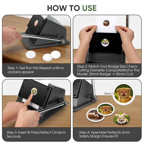 Usage steps for Heavy Duty Button Cutter For 25mm Badges And 35mm Rounds, Metal Graphic Die Cutter, shown with badge inserts.