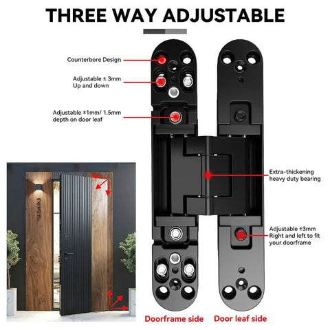 Sleek Hidden Door Hinges Pair 180 Degree Swing Zinc Alloy Concealed Hinge Kit For Solid Doors 176 Lb Load Rating 3 Dim Adjustable