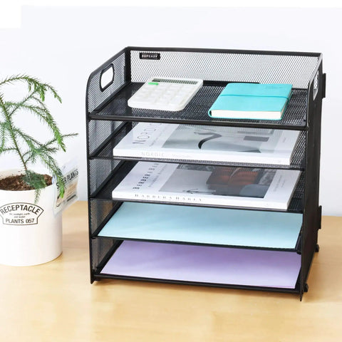 5 Tray Letter Paper Organizer With Handle Mesh Desk File Sorter for office home desk with documents and calculator on top