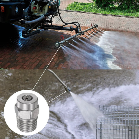 Pro Grade Stainless Steel 15 Degree Spray Tip Pressure Washer Nozzle Set 5 Pack With One Quarter Inch Male NPT Threads Orifice About 1.24 Mm For Water Broom And Undercarriage Cleaners From uxcell shown in use for power washing surfaces.
