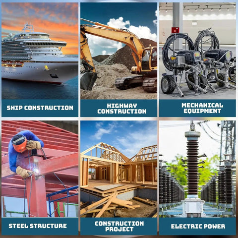 Collage showing various construction and equipment images: ship, highway, mechanical equipment, steel structure, building, and electric power.