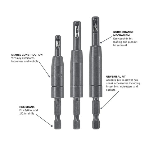 Clic-Change 1/4 In Self-Centering Drill Bit Set, 3-Piece by Bosch, showing hex shank and quick-change mechanism details.