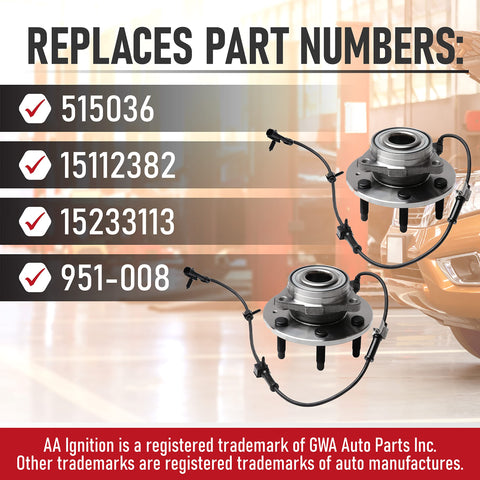 Set Of 2 Wheel Hub Bearing Assembly For 6 Lug 4X4 SuvS With ABS Sensor Cable Fits Chevy Cadillac GMC Escalade Avalanche Silverado Suburban Tahoe Sierra 1500 Yukon Replaces 515036 15112382 951008 displayed with part numbers