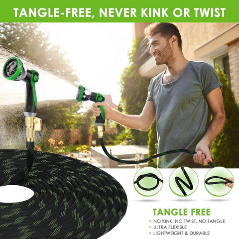Ultra Lightweight 150 Feet Garden Hose Non Expandable With 10 Pattern Nozzle in use, tangle-free, leak-proof design.